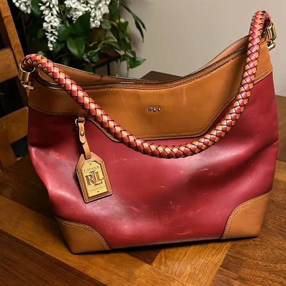 Ralph Lauren burgundy/ brown cow hide  Leather Hobo Bag, good preowned bag - Picture 14 of 17